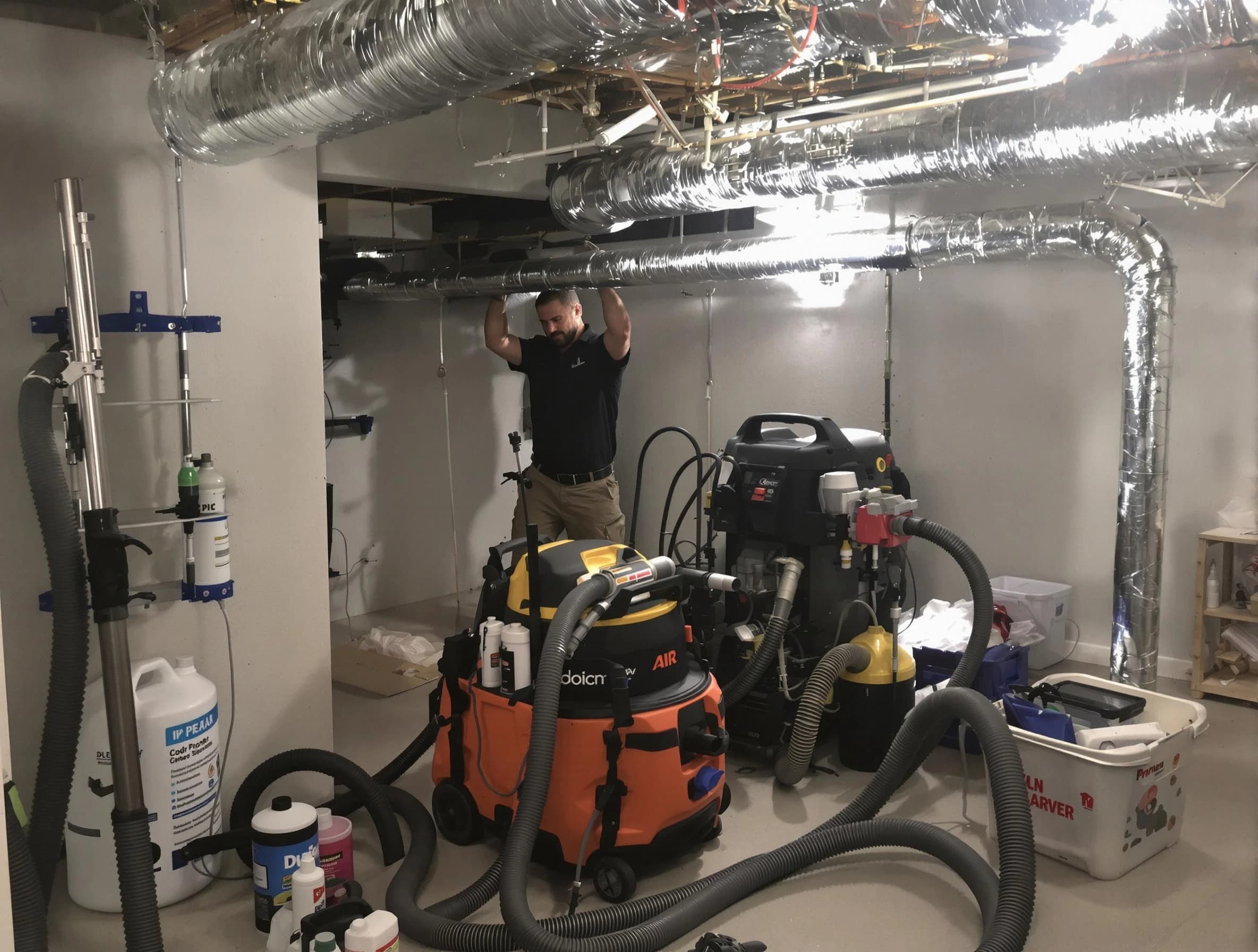 Tempe Air Duct Cleaning specialist performing professional mold removal from air ducts using safety equipment in Tempe